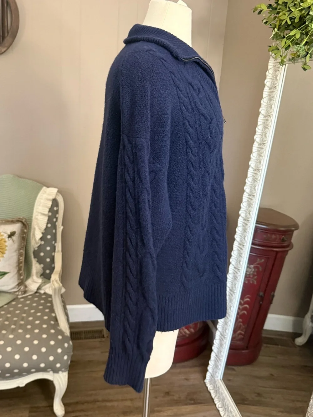 J.Crew • Supersoft Line Cable Knit Half Zip Sweater Navy Merino Wool Alpaca